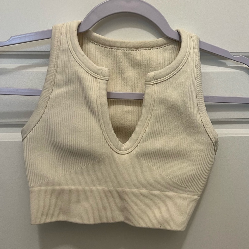 Cream Ribbed Sports Bra Top